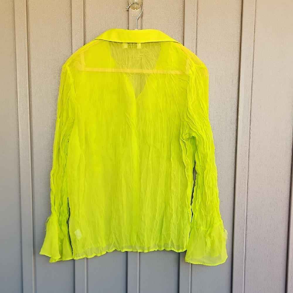 Sheer Ruffle Front Button-Down Blouse - Neon Yellow - Picture 6 of 7